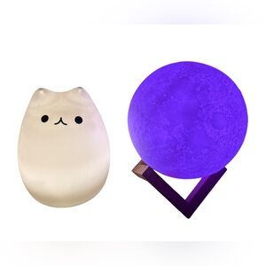 Cute Cat Night Light and Purple Moon Lamp Color Changing Rechargeable